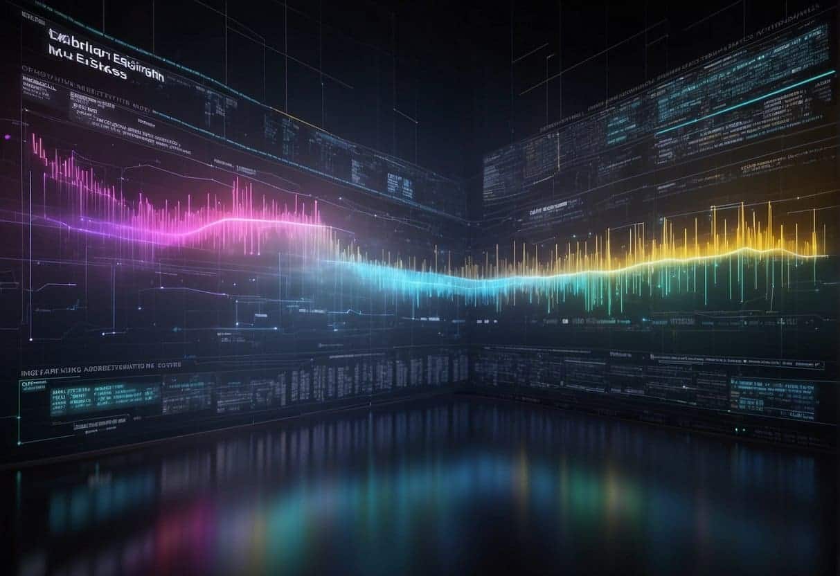 A computer screen displaying a timeline of search engine algorithm changes, with futuristic data visualizations and keywords floating around