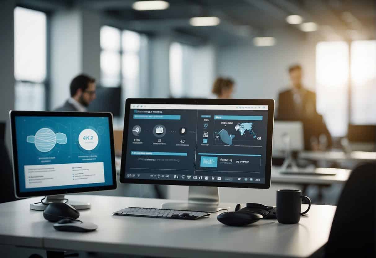 An office setting with AI-powered devices and HR tech integrating adaptive learning for employee training