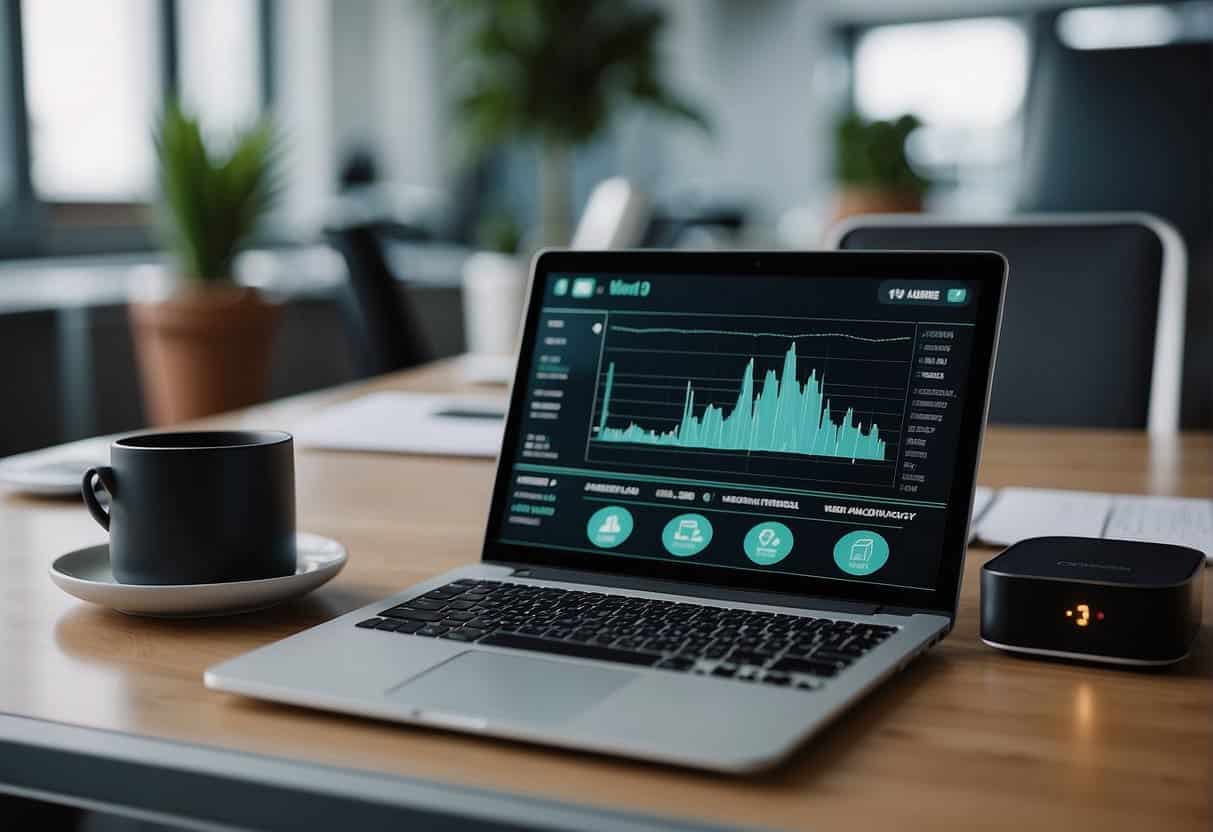 A workplace with AI devices monitoring employee health for wellness programs, symbolizing the impact of COVID-19 on workplace wellness