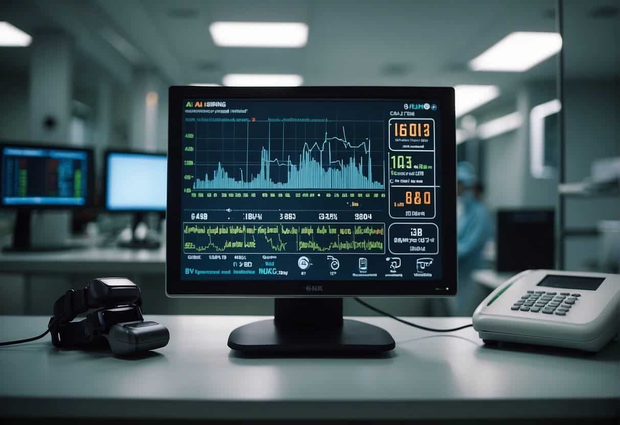 AI monitors vital signs in a hospital room. It analyzes data from wearable devices in a workplace