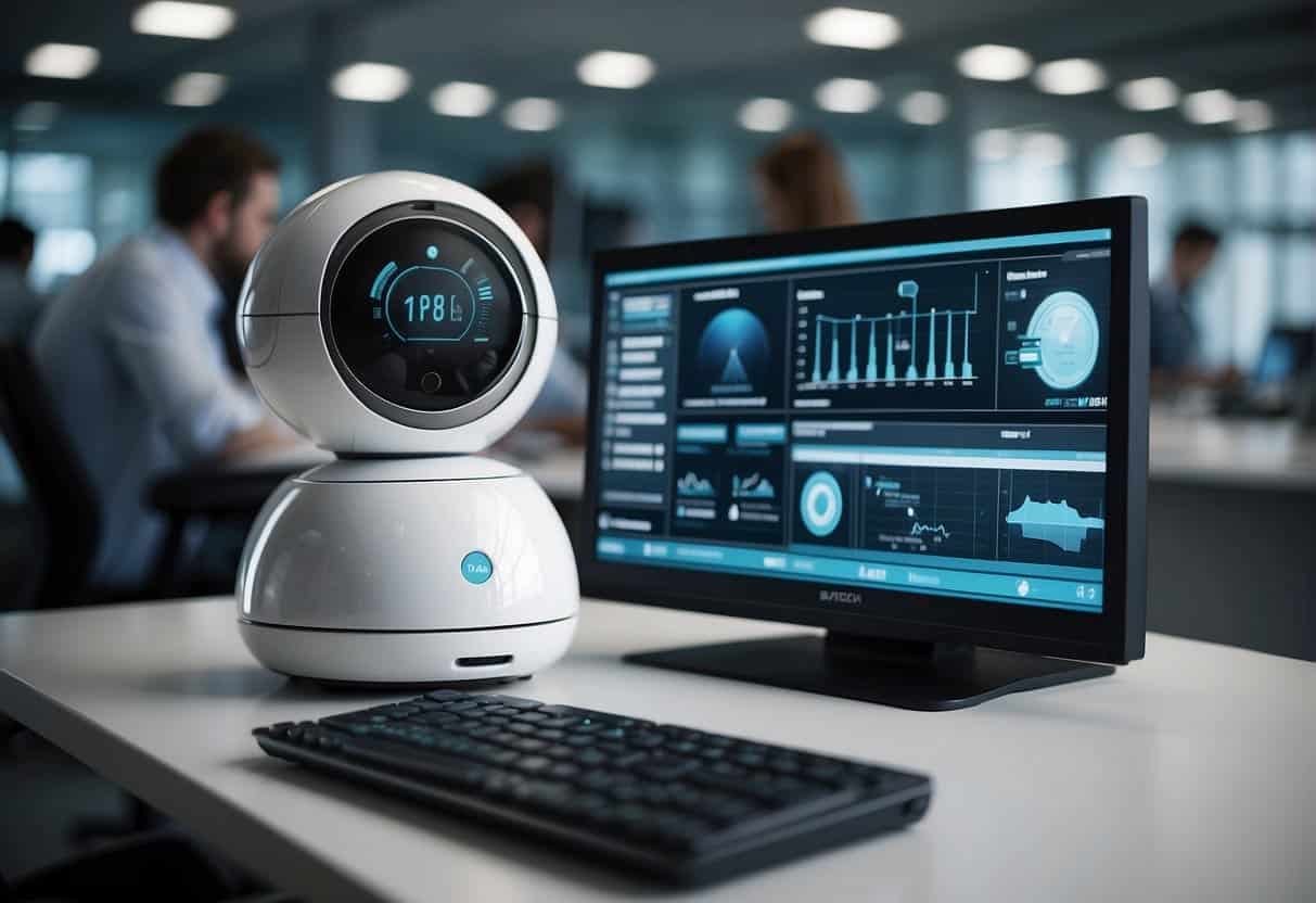 An AI device monitors employee health in a modern workplace setting