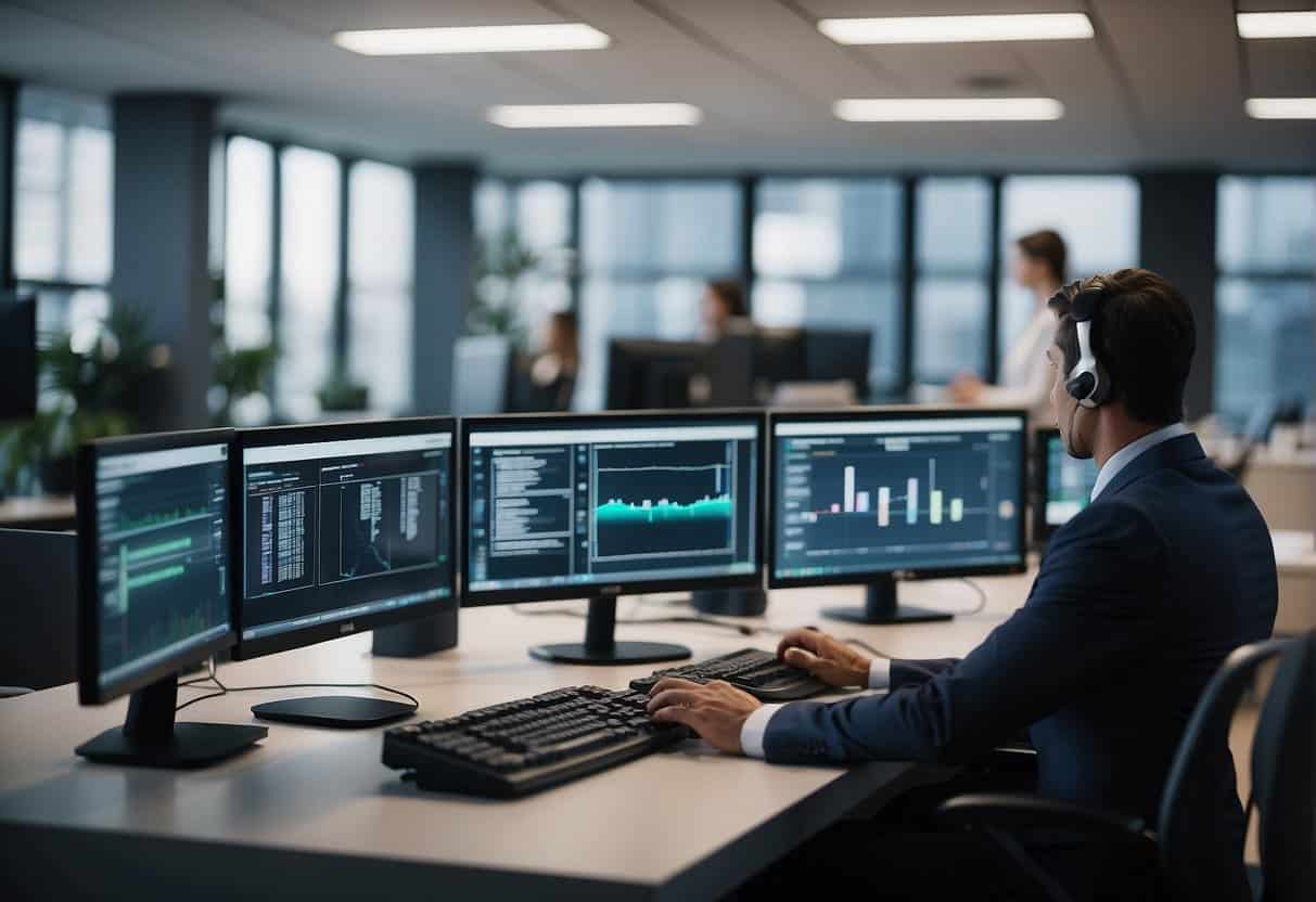 An office setting with AI devices monitoring employees' health data, while ensuring privacy and ethical considerations are upheld