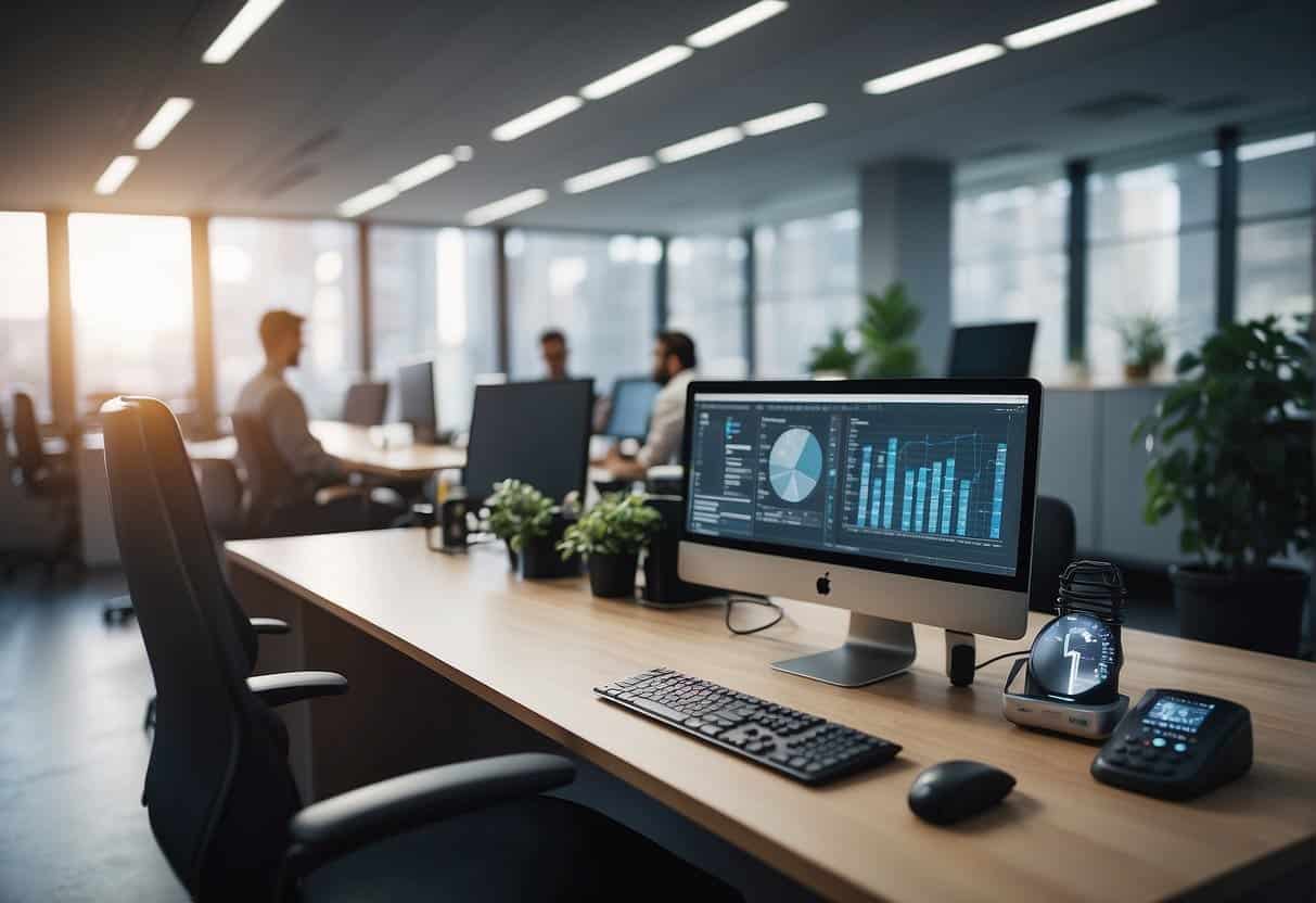 An office setting with AI devices integrated into the workplace, monitoring employees' mental and physical health for wellness programs