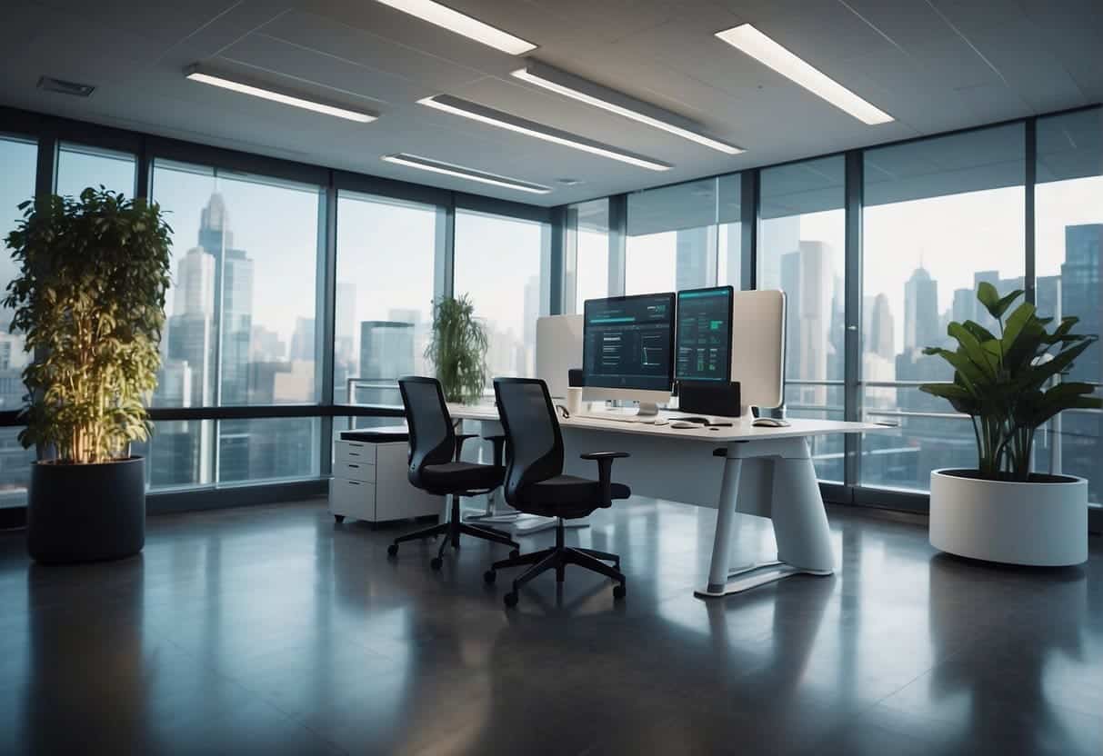A futuristic office space with AI-powered health monitoring devices integrated into workplace wellness programs. Cutting-edge technology seamlessly blends with the environment, promoting a healthy and productive work culture