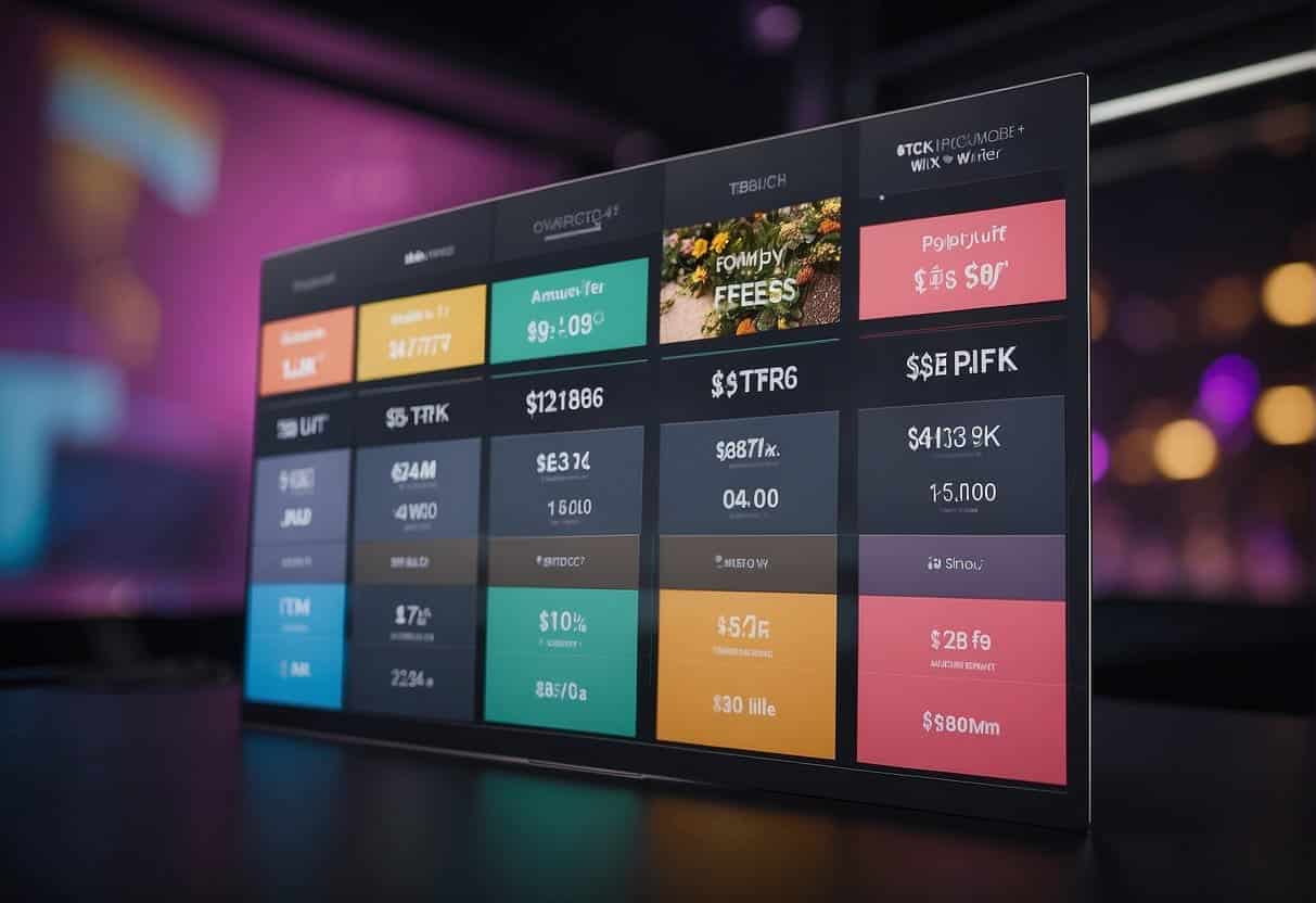 A comparison chart showing the pricing and transaction fees of Shopify, Wix, and Squarespace. Each platform's fees are clearly listed for easy comparison