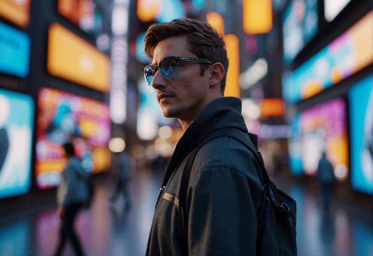 A digital avatar stands in a vibrant virtual world, surrounded by branded billboards and interactive advertisements, showcasing the future of advertising in the metaverse