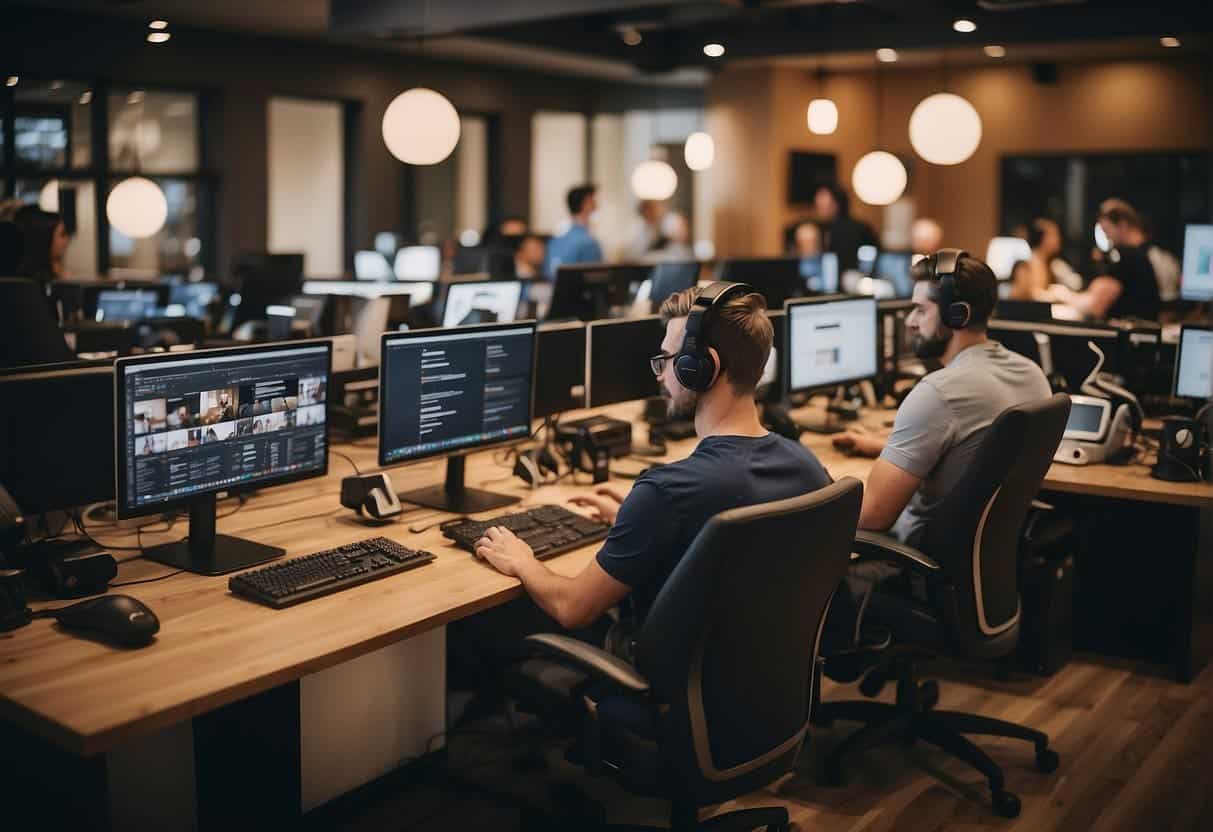 A busy customer support center with logos of Shopify, Wix, and Squarespace displayed. Representatives assisting clients while a community forum buzzes with activity
