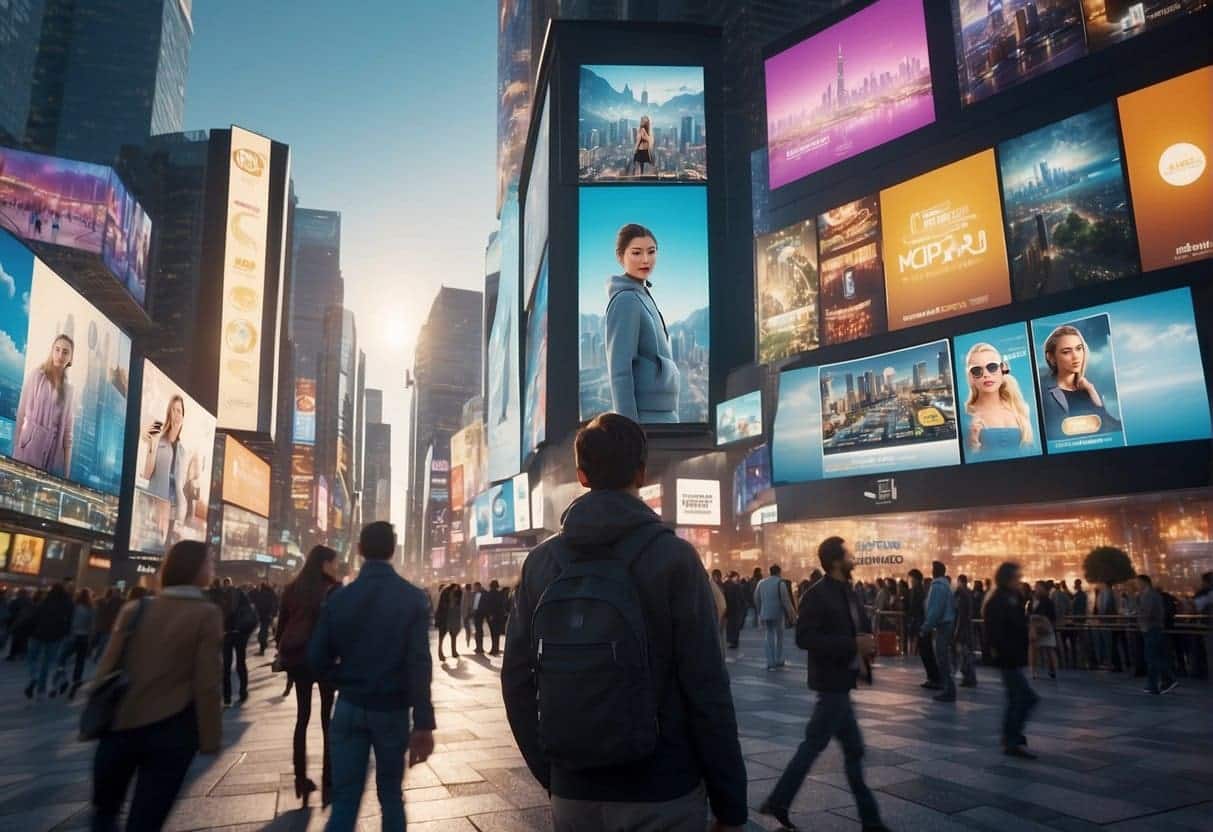 A bustling metaverse cityscape with diverse avatars engaging with holographic advertisements on towering digital billboards