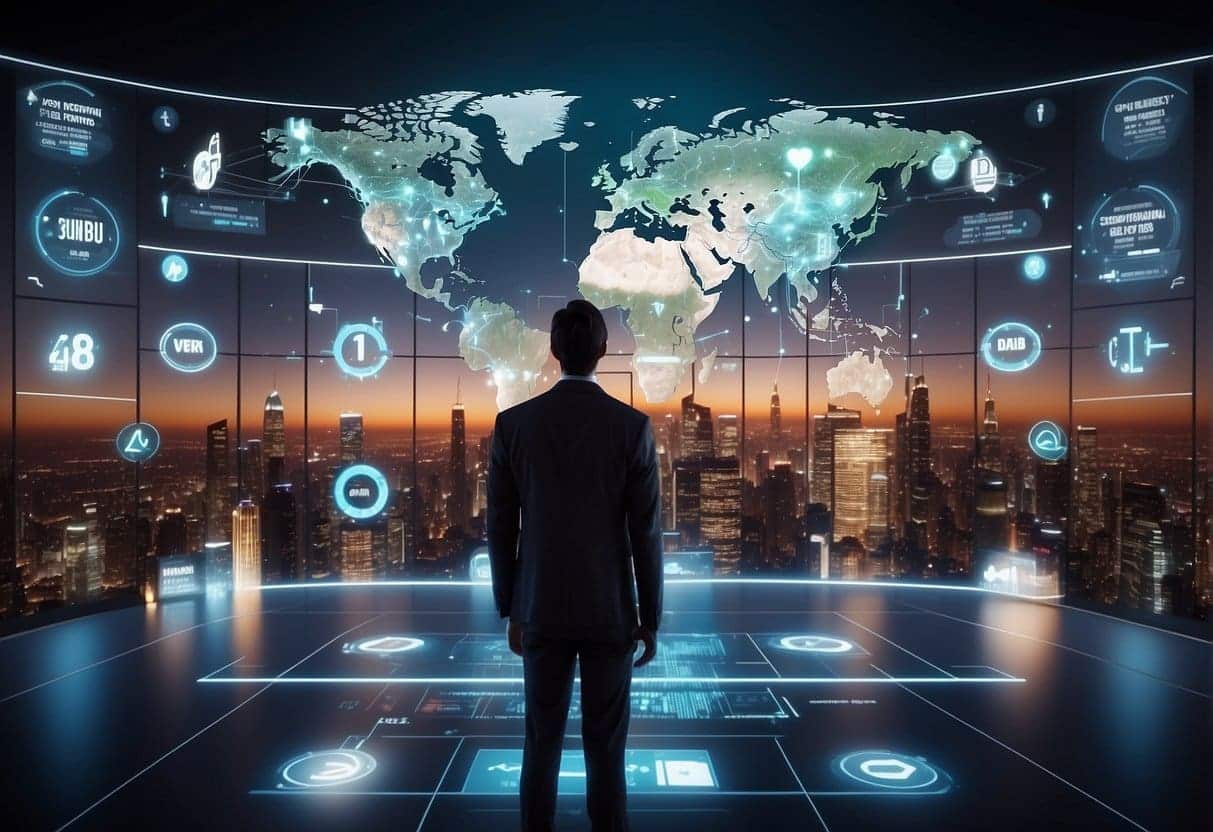 A virtual world with avatars interacting, brand billboards, and virtual product demonstrations, surrounded by data analytics and consumer behavior charts
