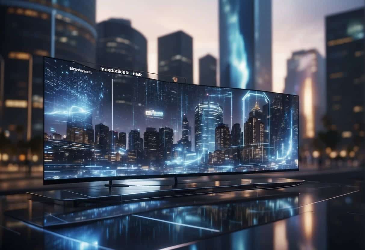 A futuristic cityscape with holographic ads, virtual reality headsets, and data streams, showcasing the integration of emerging technologies in the metaverse