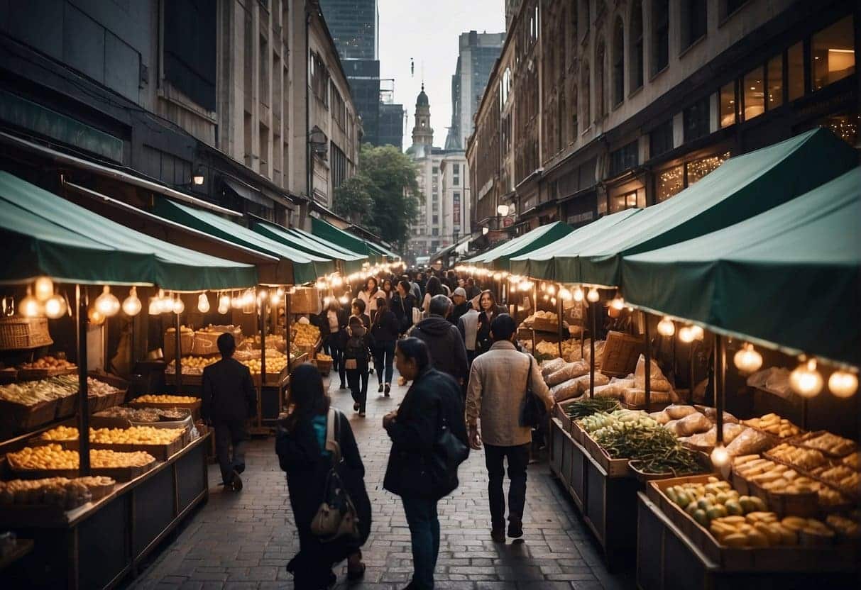 A bustling marketplace with various vendors showcasing their goods, while blockchain technology ensures transparency in marketing transactions