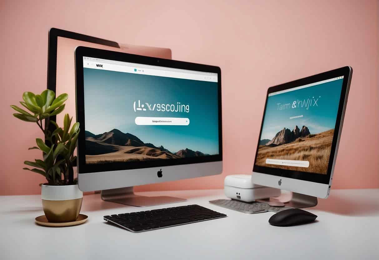 Three computers running Shopify, Wix, and Squarespace. Shopify handling the most transactions, Wix struggling with high traffic, Squarespace smoothly handling moderate load
