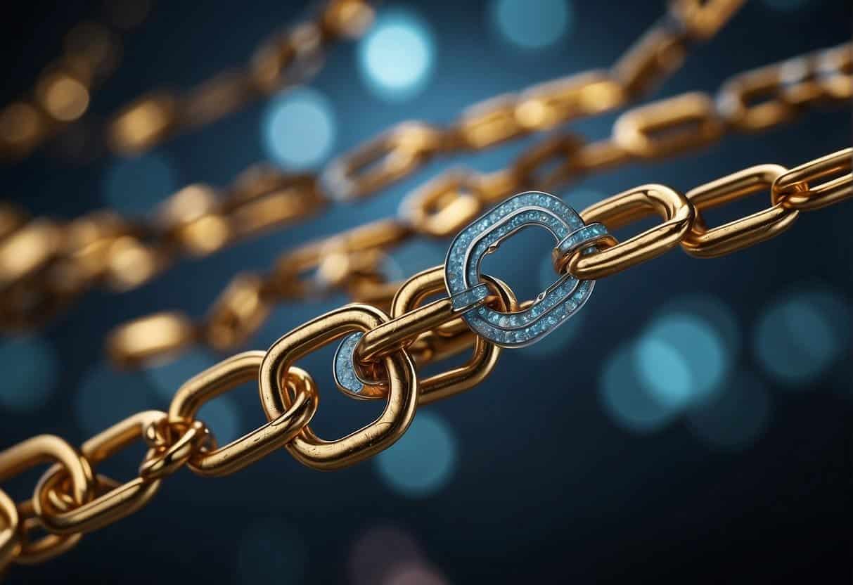 A digital chain links various marketing elements, symbolizing transparency. Smart contracts hover above, connecting and securing the process