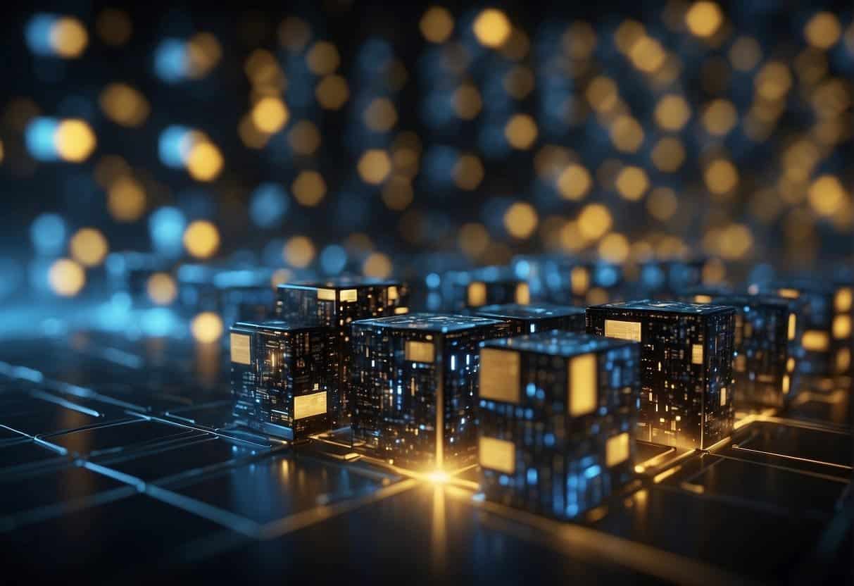 A network of interconnected blocks, each containing encrypted data, symbolizing the impact of blockchain on data management and marketing transparency