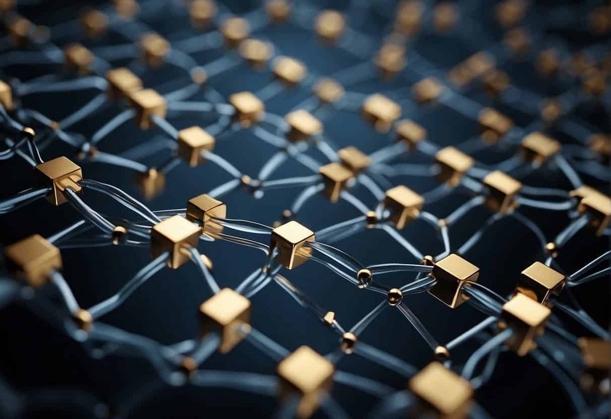 A network of interconnected blocks forming a chain, displaying transparency and security in marketing transactions
