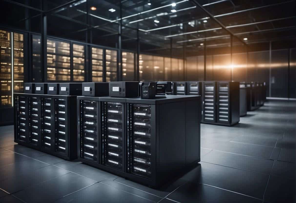 A secure data center with servers processing information, surrounded by legal documents and privacy laws, impacting digital marketing strategies