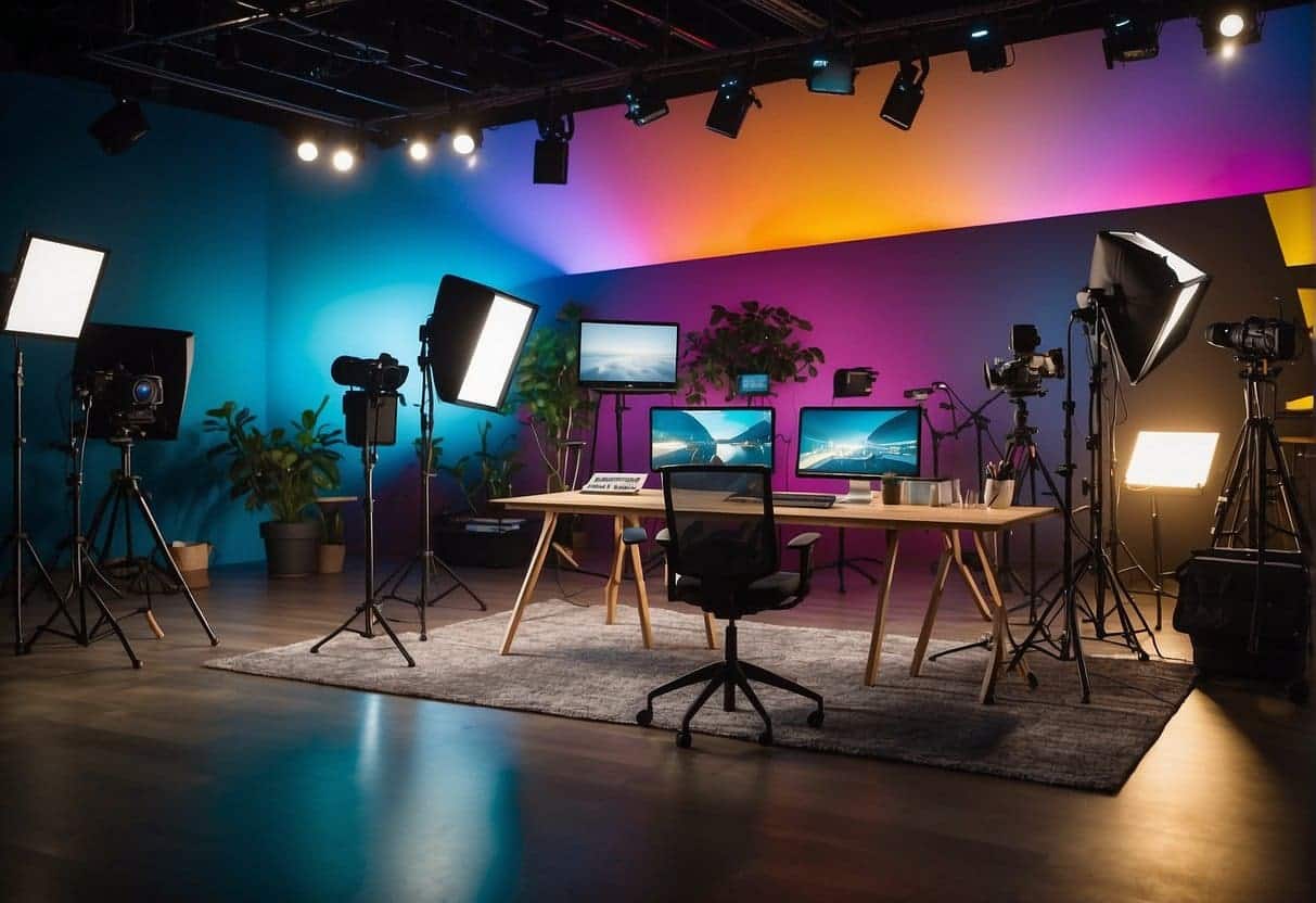 A vibrant, dynamic video studio with a sleek, modern design. Bright lights illuminate the space, showcasing state-of-the-art equipment and a team of creative professionals collaborating on a compelling brand narrative