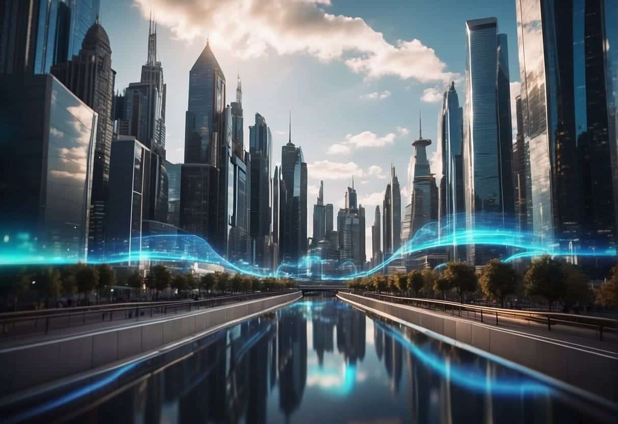 A futuristic cityscape with holographic video displays, augmented reality overlays, and AI-powered content creation tools