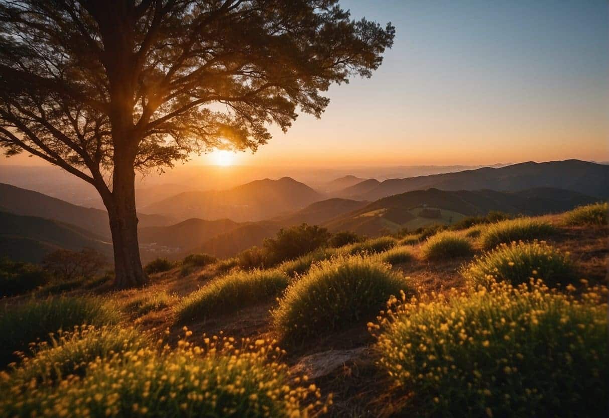 A vibrant sunrise illuminates a digital landscape, with various forms of content emerging and evolving, hinting at the future of content marketing