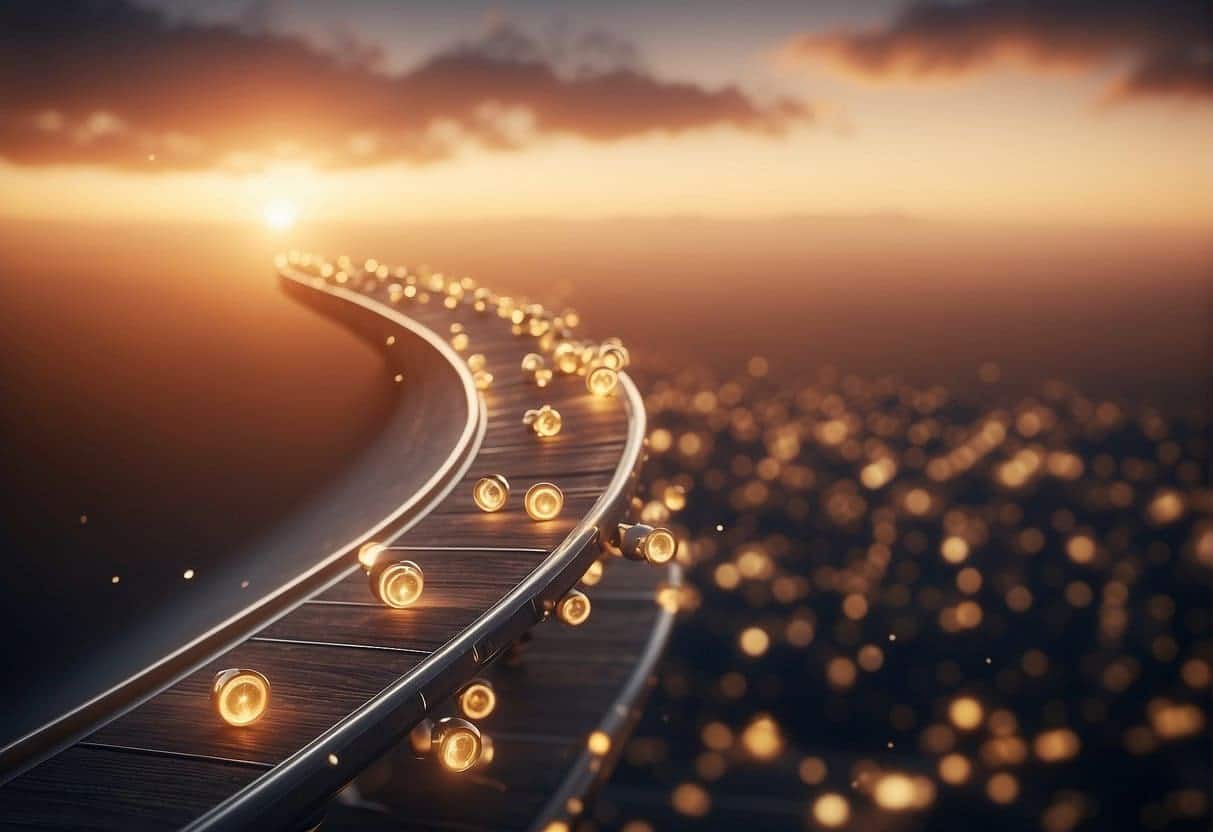 A dynamic timeline of content marketing milestones, leading to a question mark symbolizing the future