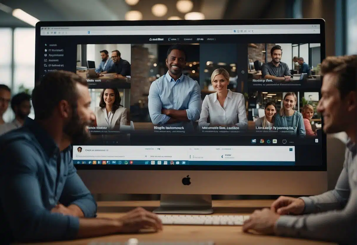A group of team members are gathered around a computer screen, using Slack to communicate and coordinate their marketing efforts. Messages and notifications are visible on the screen, showing the team's active collaboration
