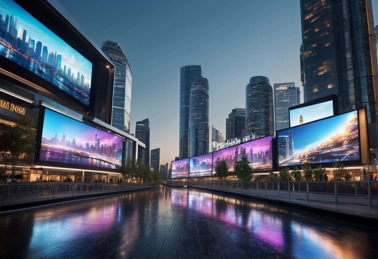 A futuristic cityscape with holographic billboards and interactive digital displays showcasing innovative advertising formats