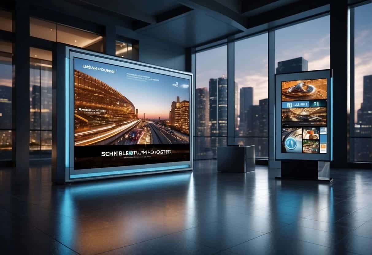 A sleek, futuristic digital billboard displays dynamic, interactive ads, surrounded by cutting-edge devices and screens showcasing targeted marketing content