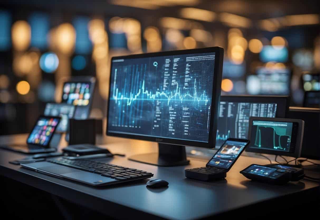 Various digital devices and screens displaying innovative advertising technology. Data streams and dynamic graphics illustrate the challenges in digital advertising