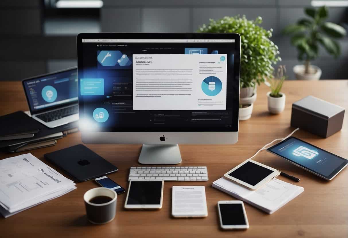A diverse group of digital devices and platforms displaying inclusive content, surrounded by legal documents and compliance guidelines
