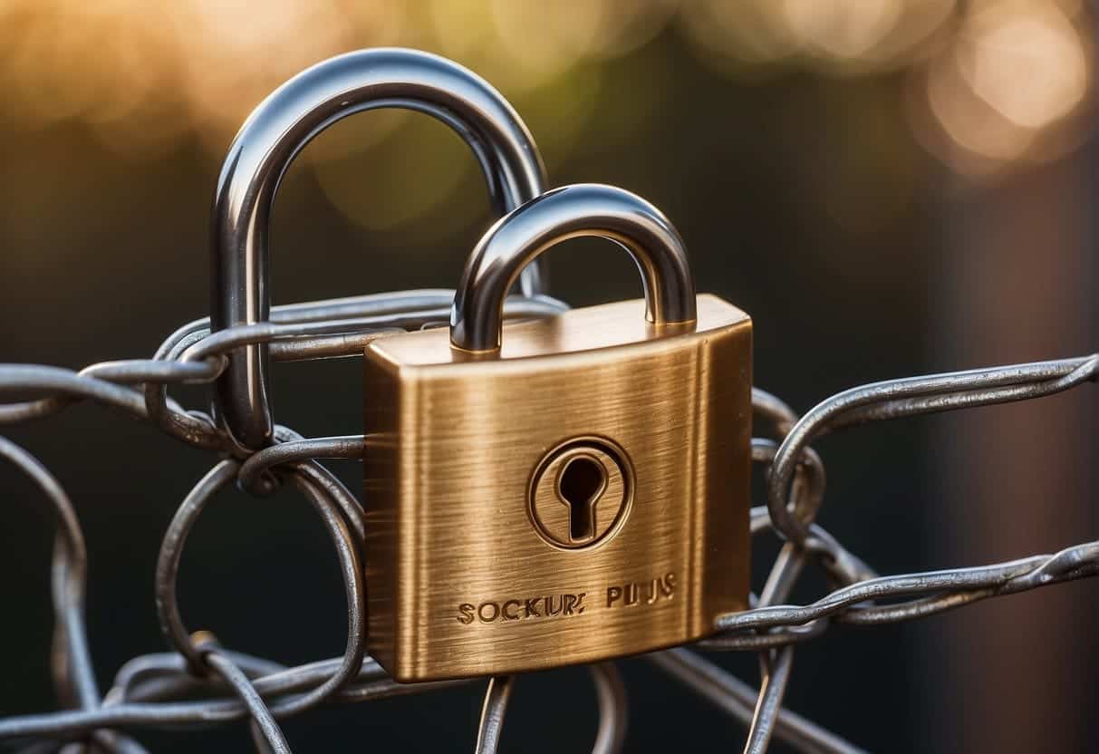 A secure lock symbolizing Shopify Plus and a tangled web representing Magento, with a compliance stamp on the lock