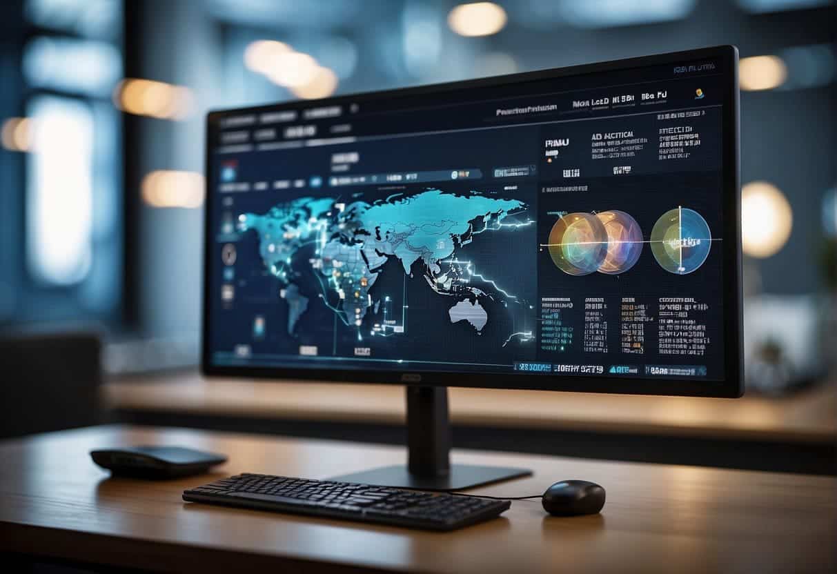 A computer screen displaying targeted ads based on predictive analytics, with a blurred background symbolizing privacy concerns