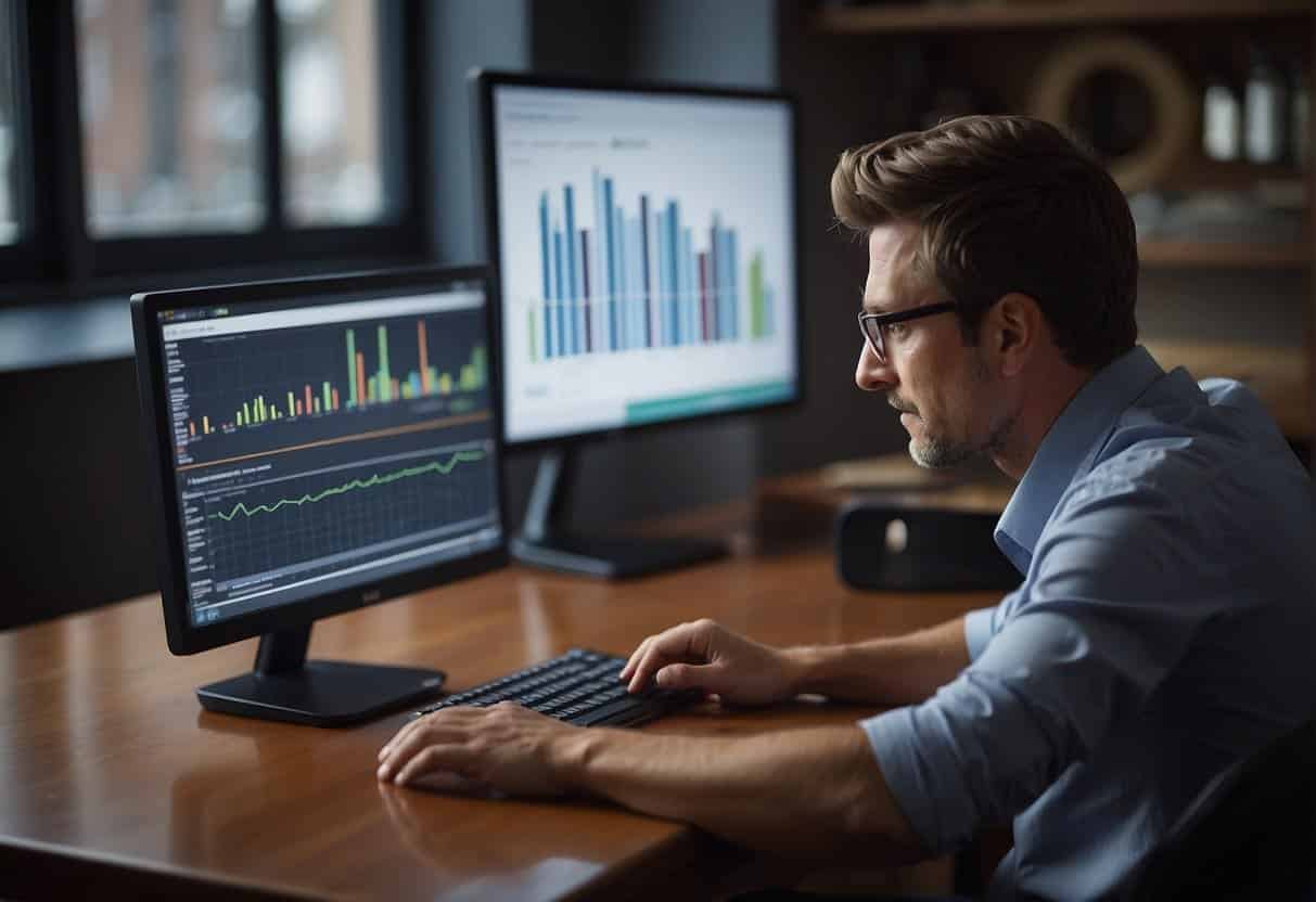 A small business owner analyzing data on a computer screen with graphs and charts, using Hotjar to understand user behavior for strategic decisions