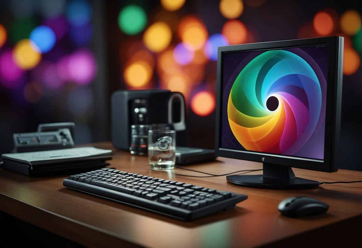 A colorful array of persuasive elements surrounds a computer screen, with eye-catching visuals and compelling copy, drawing the viewer's attention