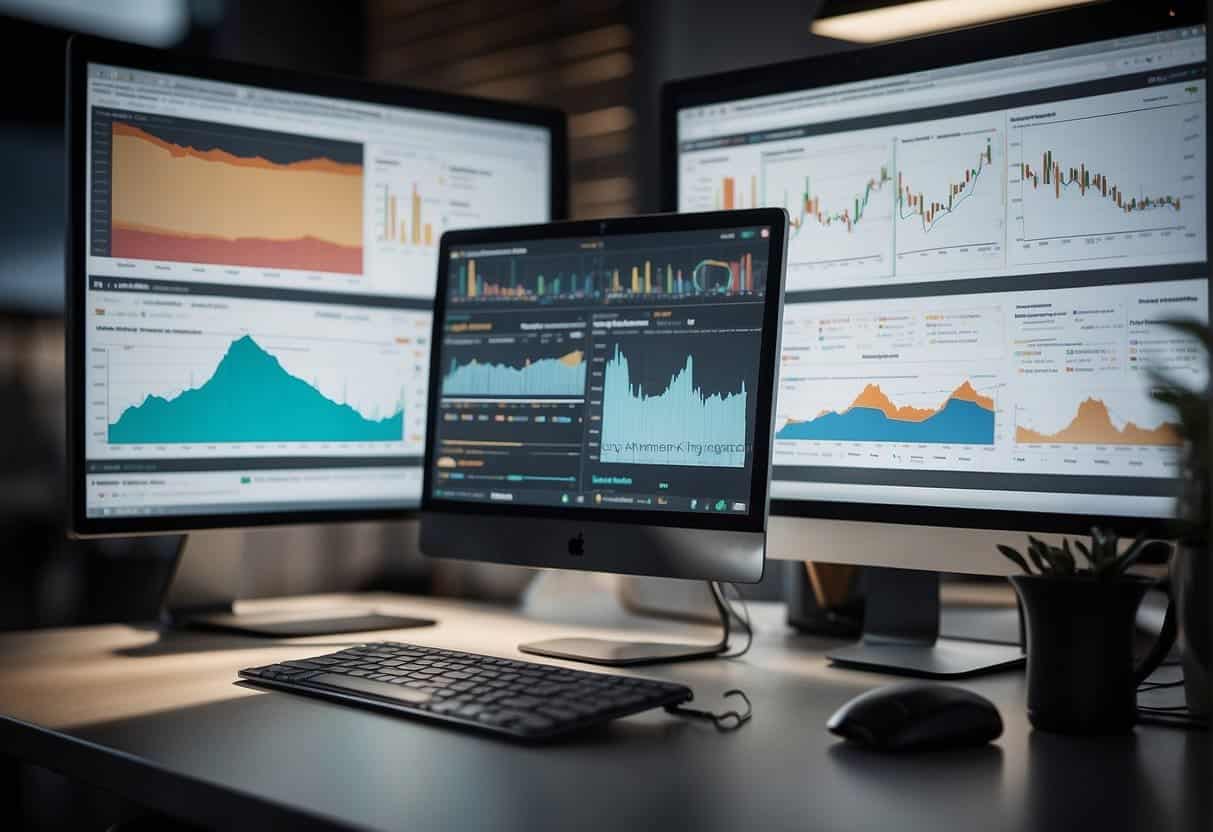 Sentiment analysis data displayed on a computer screen with graphs and charts, surrounded by marketing strategy documents and brainstorming notes