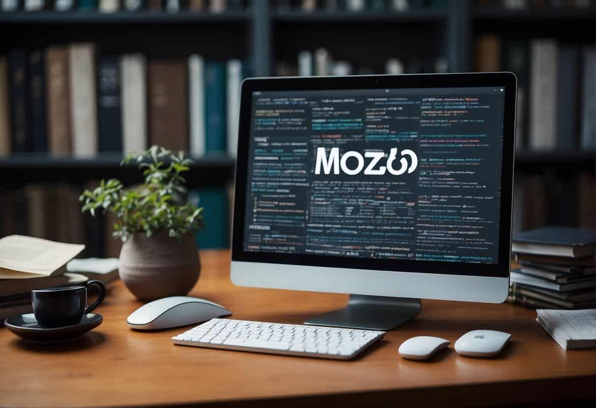 A computer screen displaying Moz's SEO tools, surrounded by books on SEO and a notepad with notes