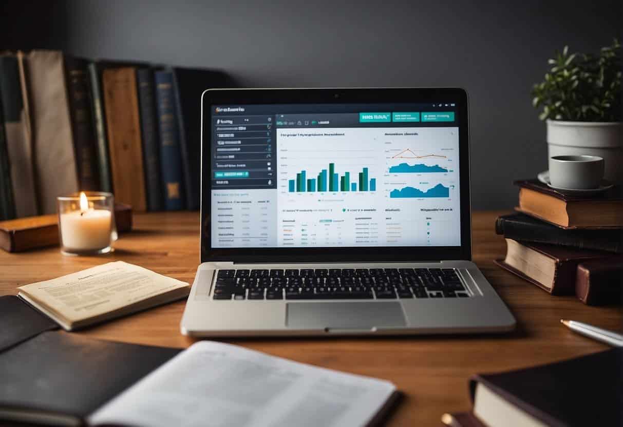 A laptop displaying Moz's interface with various SEO tools and charts, surrounded by books on content strategy and search engine optimization