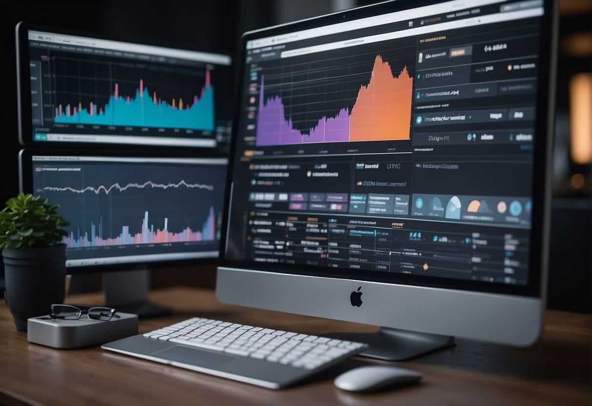 A modern MarTech stack with budgeting and optimization tools in action. Multiple software interfaces and data visualizations on computer screens