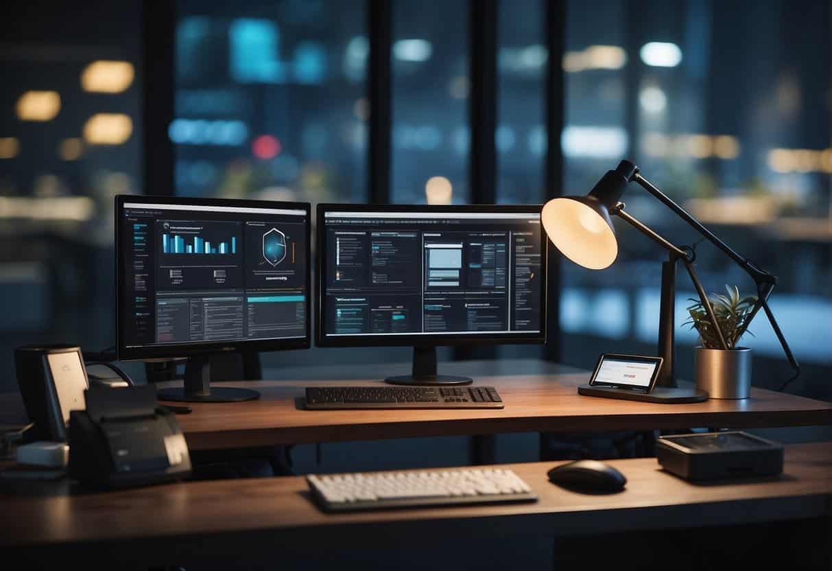 A modern office desk with a computer, security software icons, and compliance documents neatly organized