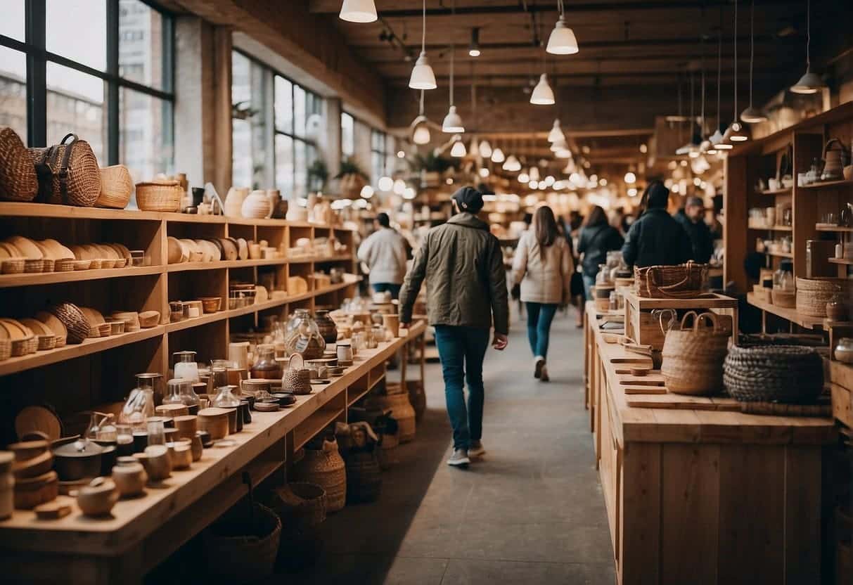 A bustling marketplace with shelves stocked with various products, from handmade crafts to unique vintage items. The Shopify section features sleek, modern goods, while the Etsy side showcases artisanal, one-of-a-kind creations