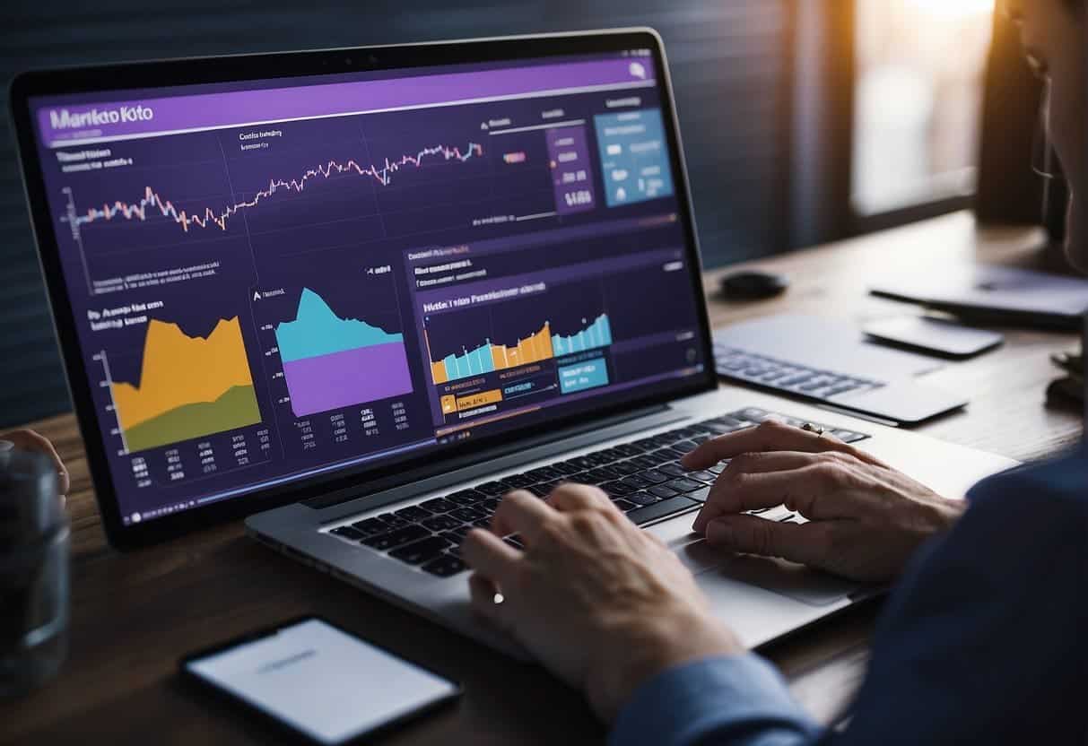 Marketo interface with data visualizations, charts, and graphs. User interacting with analytics tools. Marketing automation features highlighted