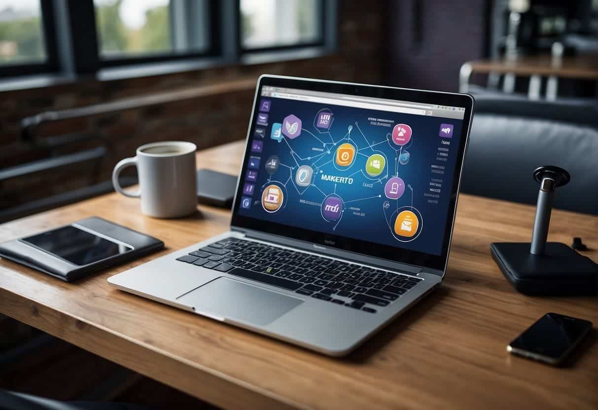 Various devices display Marketo's features: email, social media, and website. Automation tools streamline marketing tasks