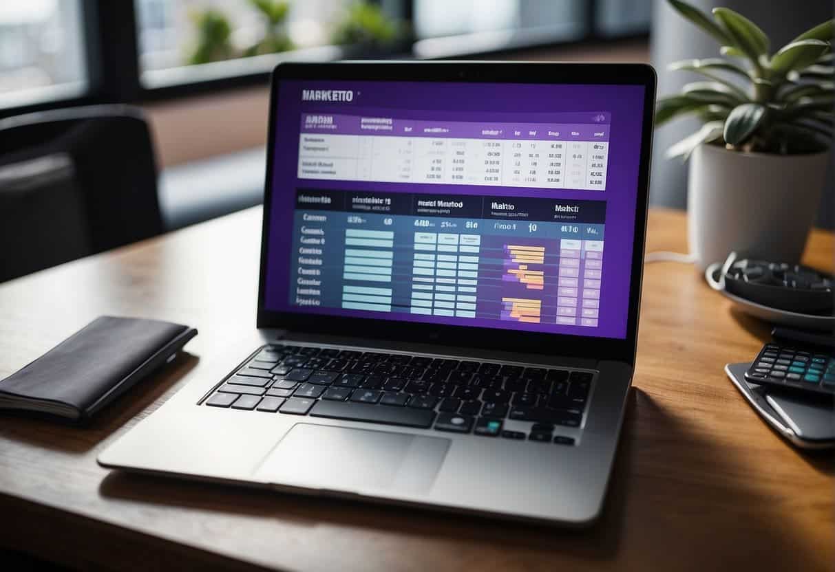 A laptop displaying Marketo's interface, surrounded by charts and graphs, with a strategy document and a calculator on the desk