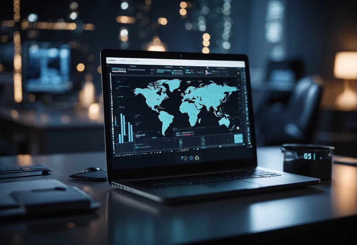 A computer with AI and machine learning algorithms analyzing data in Adobe Marketing Cloud, while large enterprise logos and marketing charts surround it