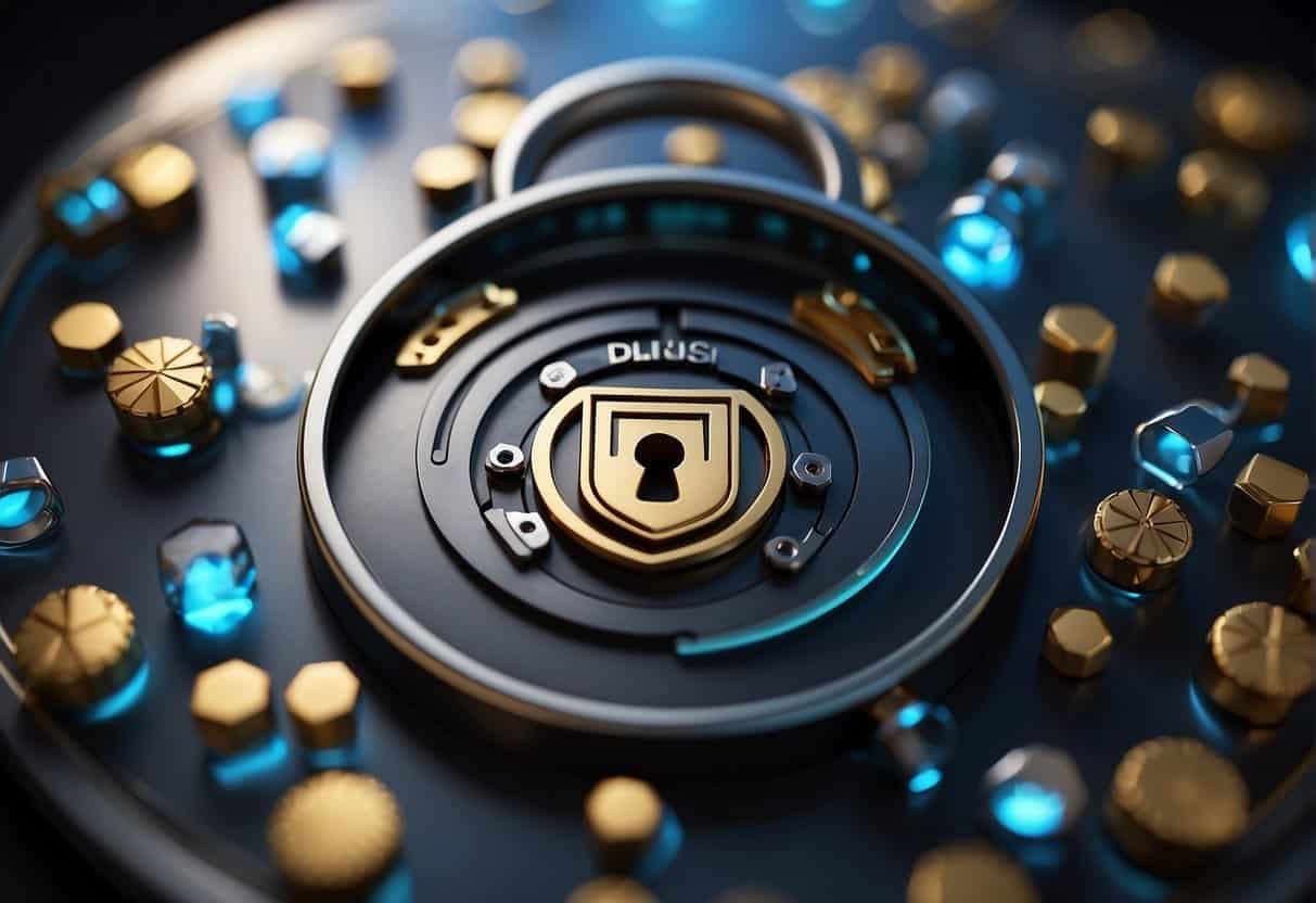 A secure lock icon surrounded by shield symbols, with the Adobe Marketing Cloud logo in the background, representing data privacy and security for large enterprises