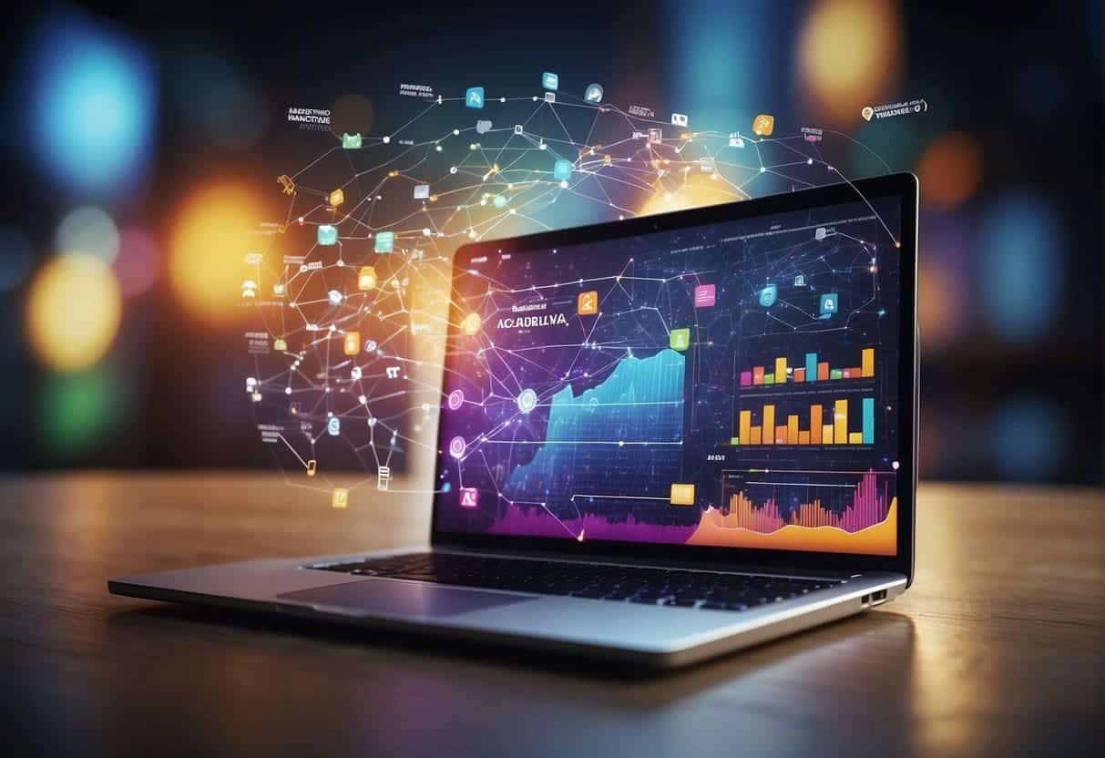 A colorful visual representation of data flowing into Adobe Marketing Cloud, with large enterprise logos and audience insights expanding outwards