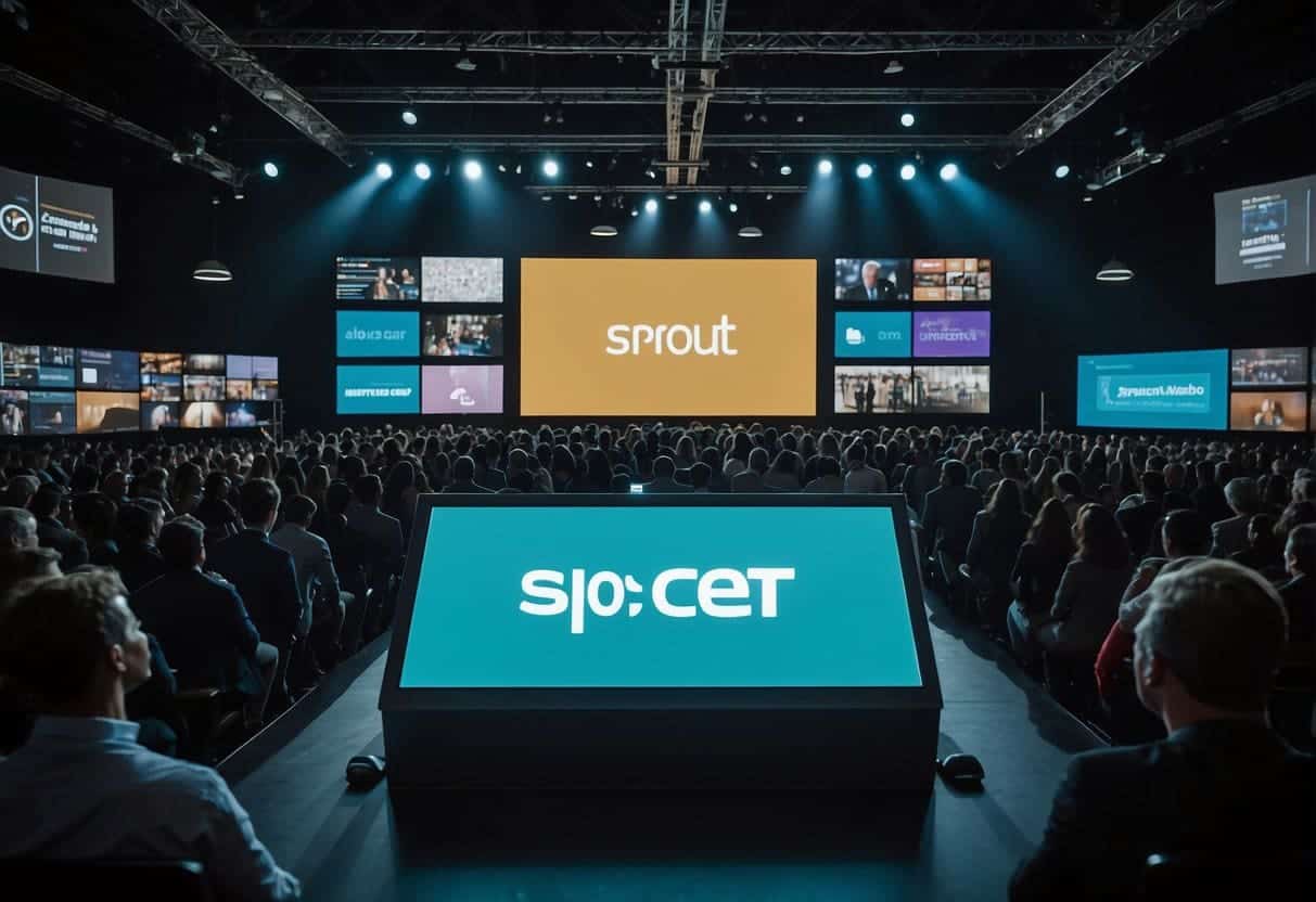 Two platforms face off in a digital arena. Sprout Social and Buffer stand on opposite sides, each with its own strengths and weaknesses. Graphs and charts illustrate their features, while a crowd watches eagerly