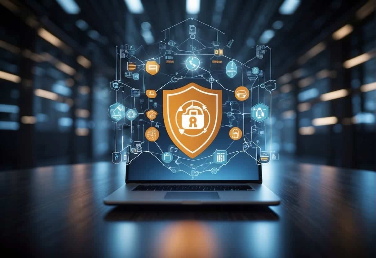 IT secures MarTech stack, surrounded by shield symbolizing compliance. Data flows through network, guarded by firewalls and encryption