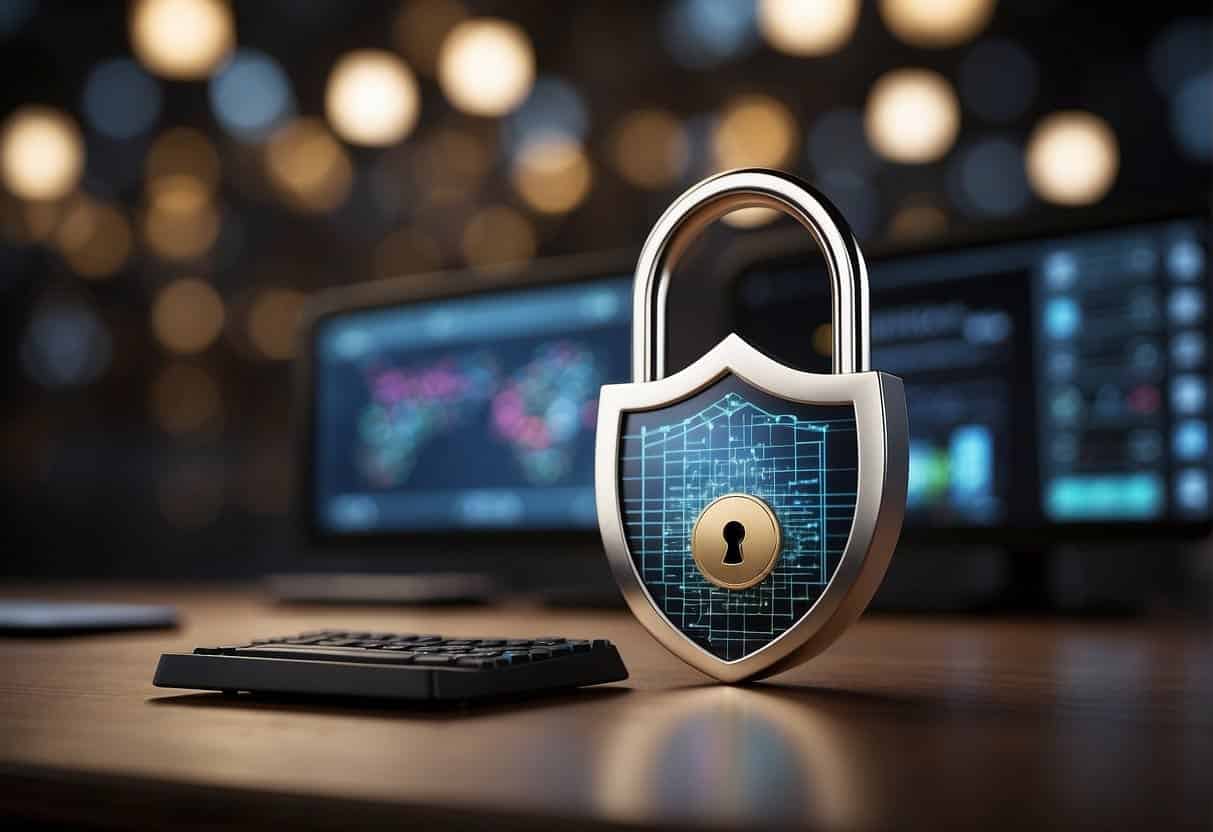 A secure lock icon surrounded by marketing technology tools, with a shield symbol and a conversion graph in the background