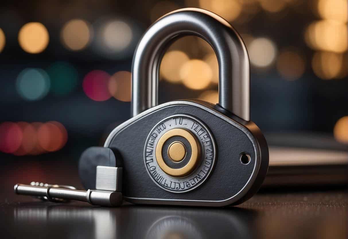 A secure lock encircles a stack of MarTech tools, shielded by compliance symbols and guarded by a vigilant shield