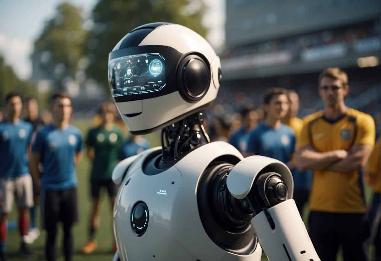 An AI-powered robot coaches a soccer team while fans interact with virtual reality stats and highlights